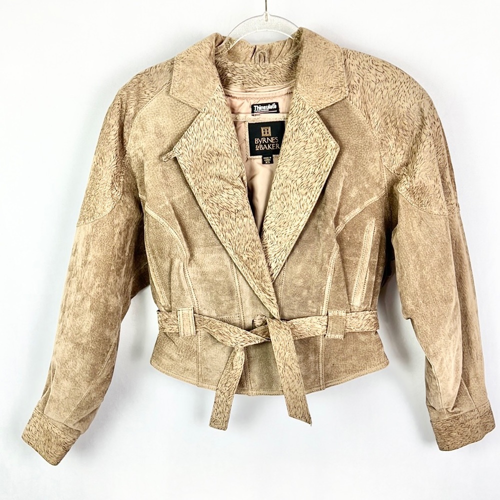 BYRNES & BAKER |✨VINTAGE 80s!!✨Tan Animal Print Suede Tied Leather Jacket Coat
